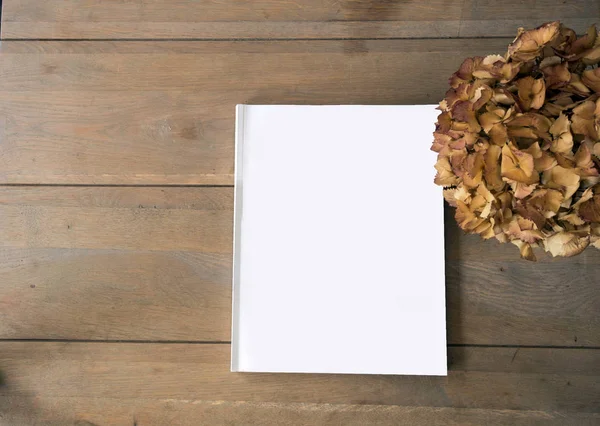 Rivista bianca o brochure su texture di sfondo in legno, vista dall'alto e spazio per il testo posare per il vostro disegno . — Foto Stock