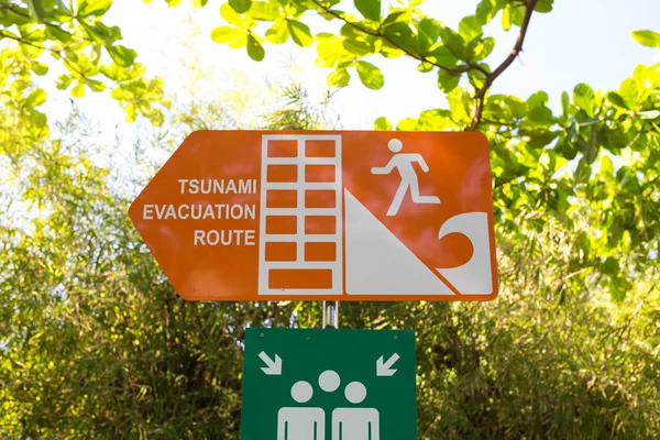 Tsunami roadsign pointing towards the stunami evacuation route, escape plam in Indonesia Bali