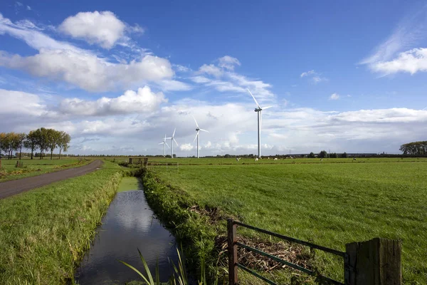 Eco power in nature landscape, Dutch landscape with windmills and cows grazing