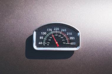 Kapakta barbekü ızgarasının sıcaklığı görünüyor. Sıcaklık derecesi: bbq, et için 170 derece, ızgara için biftek.