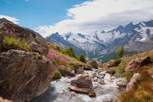 Bela paisagem montanhosa com córrego perto de Alpes, Suíça no verão no céu azul — Fotografia de Stock
