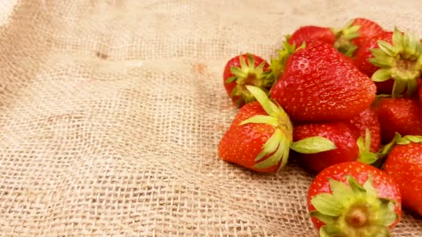红色新鲜接近草莓在麻布织品表面 — 图库视频影像