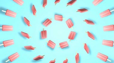 Mavi arka plan üzerinde dönen çubuklu dondurmayı soyut pastel renkler. 3D animasyon sorunsuz döngü.