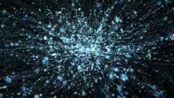 Particules bleues brillantes étincelle volant sur fond sombre .