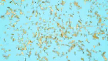 Altın konfeti pastel mavi zemin üzerine düşme. Yeşil ekran görüntüleri.