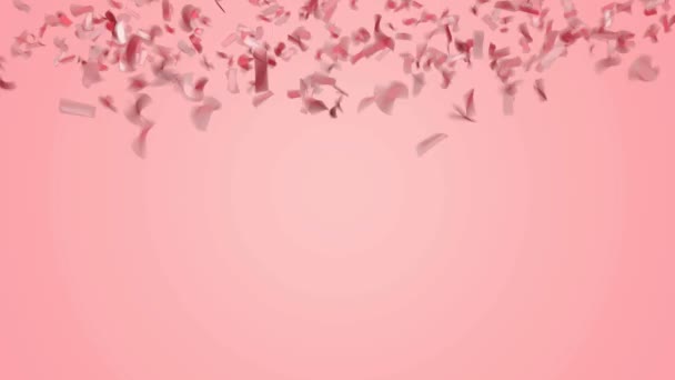 Abstract red or rose gold confetti falling on pastel pink background.