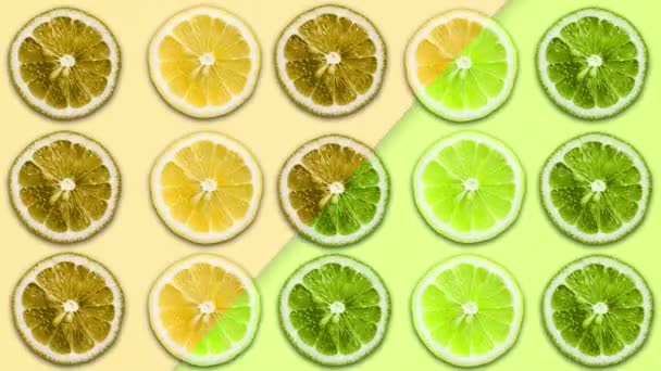 別のパステルバックにスライスレモンとグレープフルーツの抽象的なカラーアニメーション — ストック動画