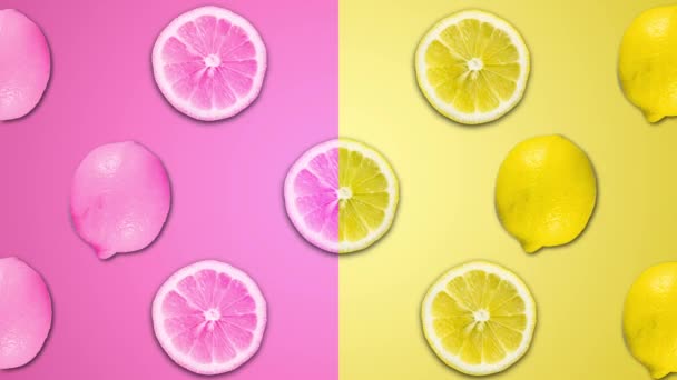 スライスレモンと異なるパステル回転バックグローンの抽象的なカラーアニメーション — ストック動画