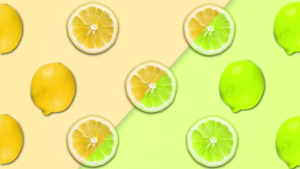Abstraktní barevná animace nakrájené citrony a různé pastelové rotační backgroun