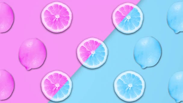 Animación abstracta azul y violeta de limones cortados en rodajas en diferentes pasteles giratorios — Vídeos de Stock