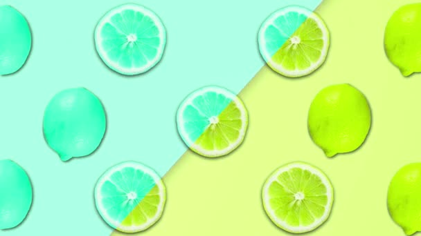 Abstrakte Farb-Animation von Zitronenscheiben und verschiedenen pastellfarbenen rotierenden Hintergründen — Stockvideo