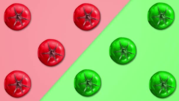Abstrakt färg animation av färska tomater på olika pastellfärgade bakgrunder. 4K s — Stockvideo