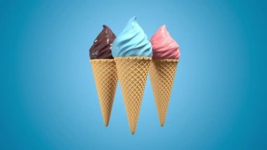 Pastel arka planda dönen waffel koni ile 3d gerçekçi dondurma. Yeşil ekran görüntüleri. 4k sorunsuz döngü render animasyon.