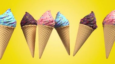 Waffel koni ve pastel arka plan üzerinde dönen dekoratif serpinti ile 3d gerçekçi dondurma. Yeşil ekran görüntüleri. 4k sorunsuz döngü render animasyon.