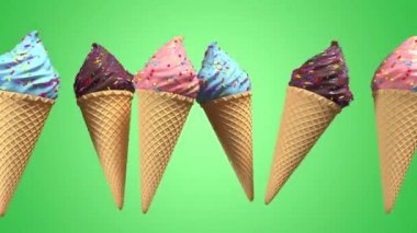 Waffel koni ve pastel arka plan üzerinde dönen dekoratif serpinti ile 3d gerçekçi dondurma. Yeşil ekran görüntüleri. 4k sorunsuz döngü render animasyon.