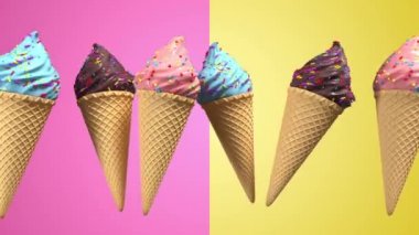 Waffel koni ve pastel arka plan üzerinde dönen dekoratif serpinti ile 3d gerçekçi dondurma. Yeşil ekran görüntüleri. 4k sorunsuz döngü render animasyon.
