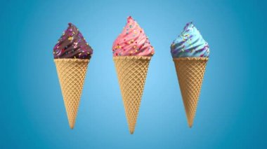 Waffel koni ve pastel arka plan üzerinde dekoratif serpinti ile 3d gerçekçi dondurma. Yeşil ekran görüntüleri. 4k sorunsuz döngü render animasyon.