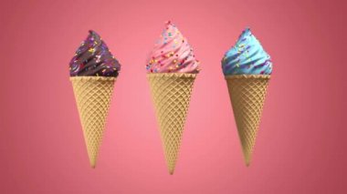 Waffel koni ve pastel arka plan üzerinde dekoratif serpinti ile 3d gerçekçi dondurma. Yeşil ekran görüntüleri. 4k sorunsuz döngü render animasyon.
