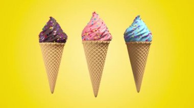 Waffel koni ve pastel arka plan üzerinde dekoratif serpinti ile 3d gerçekçi dondurma. Yeşil ekran görüntüleri. 4k sorunsuz döngü render animasyon.
