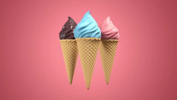 3D реалистичное мороженое с вафельным конусом, вращающимся на фоне пастели. Зеленый экран. Анимация рендеринга без швов 4K . — стоковое видео
