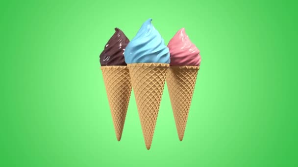 Gelado 3D realista com cone de waffel girando sobre fundo pastel. Imagens do ecrã verde. 4K sem costura loop render animação . — Vídeo de Stock