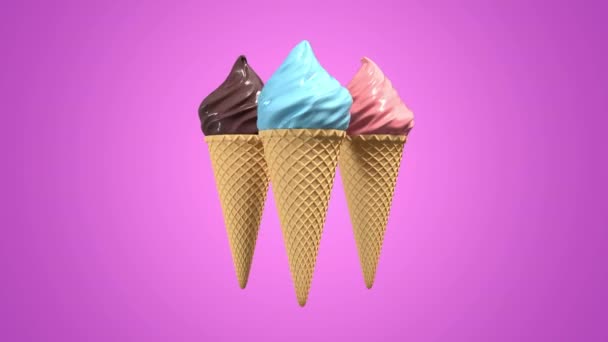 Helado 3D realista con cono de gofre girando sobre fondo pastel. Imágenes de pantalla verde. Animación de renderizado de bucle inconsútil 4K . — Vídeo de stock