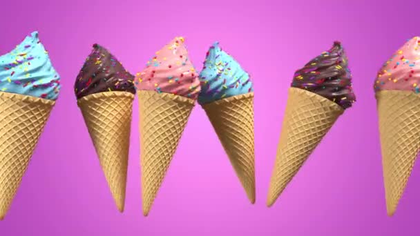 Gelado 3D realista com cone de waffel e polvilhas decorativas girando sobre fundo pastel. Imagens do ecrã verde. 4K sem costura loop render animação . — Vídeo de Stock