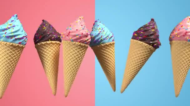 Helado 3D realista con cono de waffel y aspersiones decorativas girando sobre fondo pastel. Imágenes de pantalla verde. Animación de renderizado de bucle inconsútil 4K . — Vídeo de stock