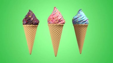 Waffel koni ve pastel arka plan üzerinde dekoratif serpinti ile 3d gerçekçi dondurma. Yeşil ekran görüntüleri. 4k sorunsuz döngü render animasyon.