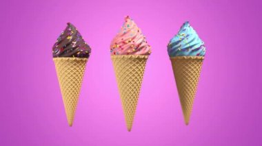 Waffel koni ve pastel arka plan üzerinde dekoratif serpinti ile 3d gerçekçi dondurma. Yeşil ekran görüntüleri. 4k sorunsuz döngü render animasyon.