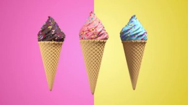 Waffel koni ve pastel arka plan üzerinde dekoratif serpinti ile 3d gerçekçi dondurma. Yeşil ekran görüntüleri. 4k sorunsuz döngü render animasyon.