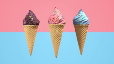 Waffel koni ve pastel arka plan üzerinde dekoratif serpinti ile 3d gerçekçi dondurma. Yeşil ekran görüntüleri. 4k sorunsuz döngü render animasyon.