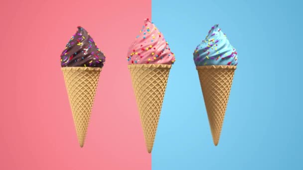 Helado 3D realista con cono de waffel y salpicaduras decorativas sobre fondo pastel. Imágenes de pantalla verde. Animación de renderizado de bucle inconsútil 4K . — Vídeo de stock