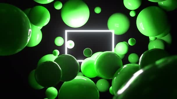 Abstrakt 3D bollar flyger runt ljus blinkande kvadrat. 4K animation loop. — Stockvideo