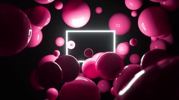 Abstrakt 3D bollar flyger runt ljus blinkande kvadrat. 4K animation loop. — Stockvideo