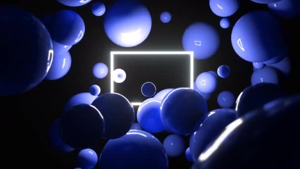 Абстрактные трехмерные шары, летающие вокруг светящегося квадрата. Цикл анимации 4K . — стоковое видео
