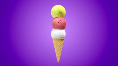 Waffle konisi ile 3d dondurma topları farklı pastel arka plan üzerinde dönen. 4k sorunsuz döngü render animasyon.