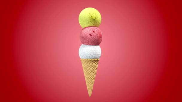 Boules de crème glacée 3D avec cône de gaufre tournant sur différents fonds pastel. animation de rendu de boucle transparente 4k . — Video