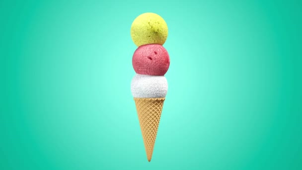 3D ice cream balls with waffle cone rotating on differents pastel background. 4k seamless loop render animation. — Stock Video