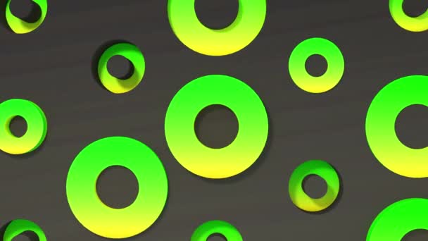 Verde e giallo cerchio 3d forme animazione geometrica su sfondo scuro. 4k loop renderizza il filmato . — Video Stock