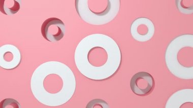 Beyaz daire, pembe pastel arka planda geometrik animasyonu şekillendirir. 4k döngü görüntüleme.