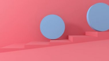 3d mavi yuvarlak nesneler kırmızı pastel merdivenlerden aşağı rulo. 4k render animasyon görüntüleri.