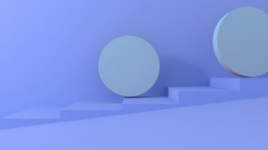 3d mavi yuvarlak nesneler mavi pastel merdivenlerden aşağı rulo. 4k render animasyon görüntüleri.