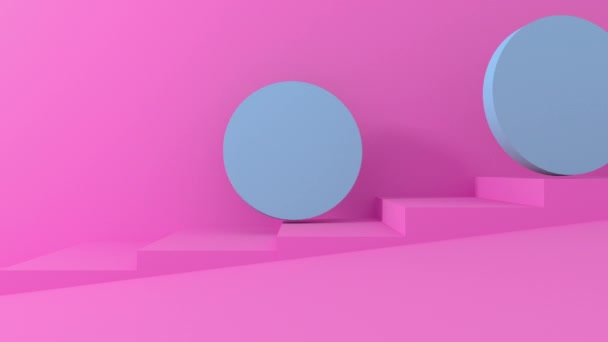 3d objetos redondos azules ruedan por las escaleras de pastel violeta. Imágenes de animación de renderizado 4K . — Vídeo de stock