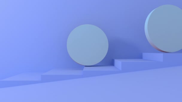 3d objets ronds bleus rouler dans les escaliers pastel bleu. Vidéo d'animation de rendu 4K . — Video