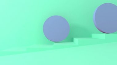 3d mavi yuvarlak nesneler yeşil pastel merdivenlerden aşağı rulo. 4k render animasyon görüntüleri.