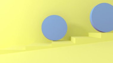 3d mavi yuvarlak nesneler sarı pastel merdivenlerden aşağı rulo. 4k render animasyon görüntüleri.