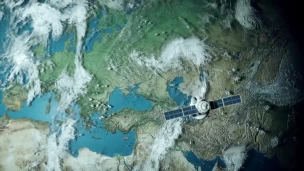 Satelliet Vliegen Rond Aarde Planeet Ruimte Renderen Animatie Materiaal — Stockvideo