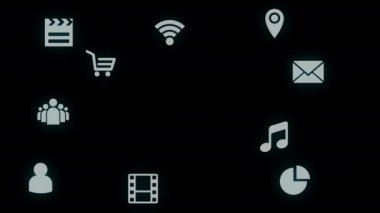 Sosyal ağ siyah arka planda uçan. 4k 2D animasyon.