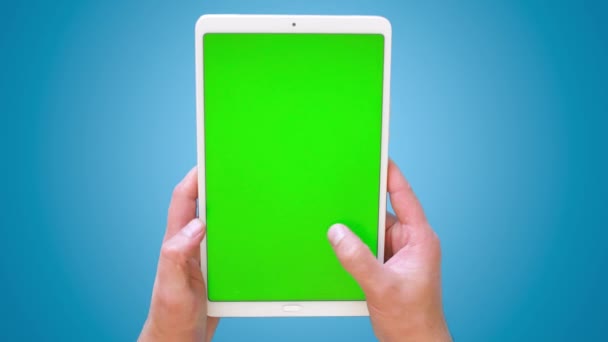 Men Hands Swipe Surface Tablet Green Screen Footage Top View — Stock Video